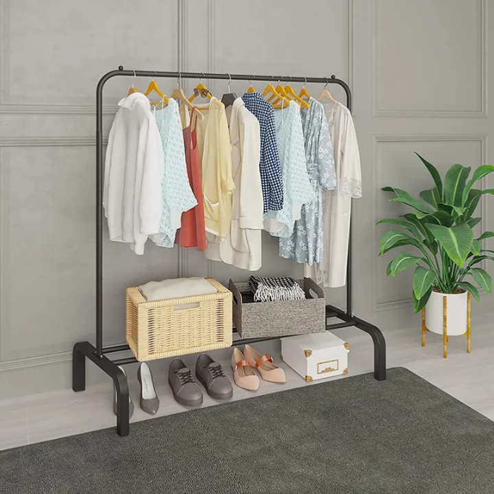 Heavy-Duty Double Rod Garment Rack with Storage Shelves & Wheels - Image 3