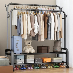 Heavy-Duty Double Rod Garment Rack with Storage Shelves & Wheels