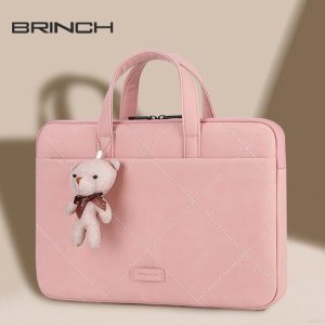 BRINCH Quilted Laptop Sleeve Bag with Teddy Bear Charm (Pink)
