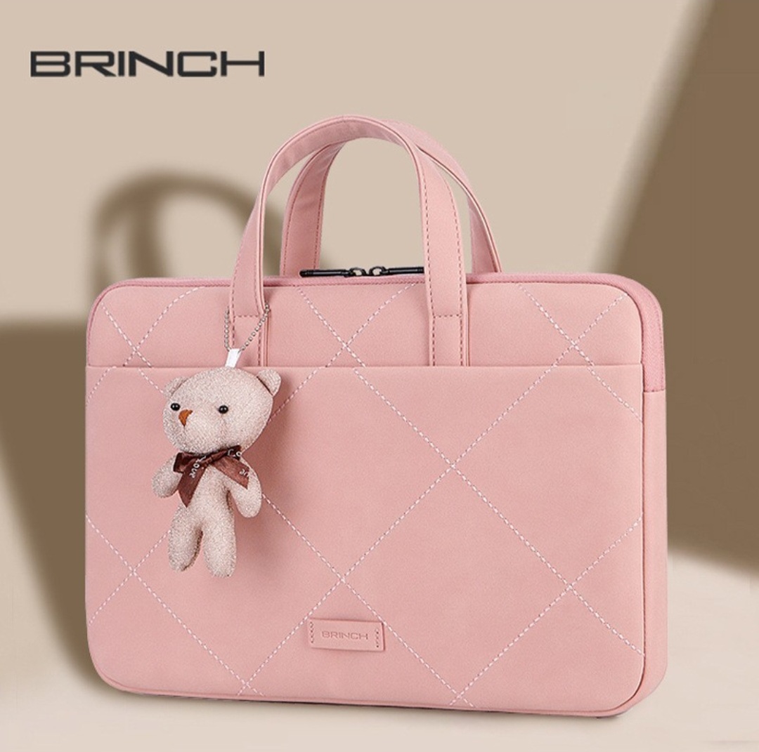 BRINCH Quilted Laptop Sleeve Bag with Teddy Bear Charm (Pink)