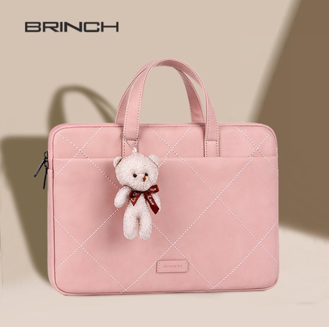 BRINCH Quilted Laptop Sleeve Bag with Teddy Bear Charm (Pink) - Image 4