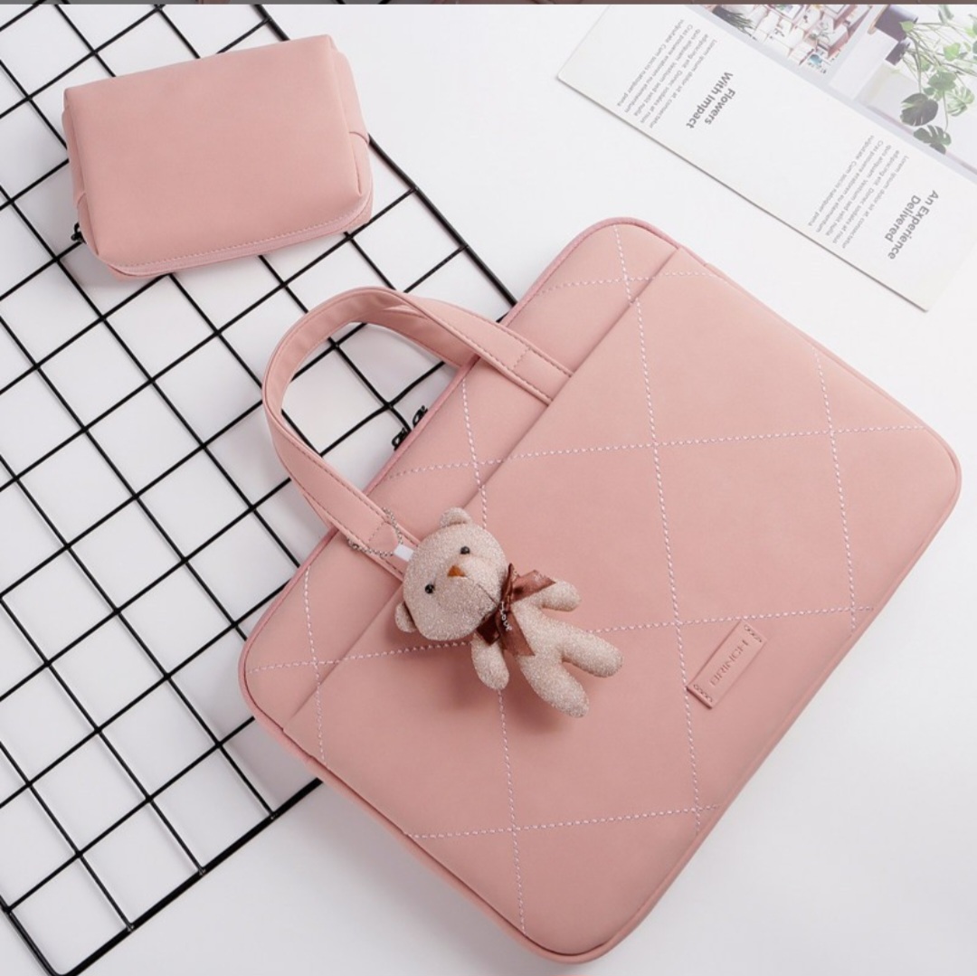 BRINCH Quilted Laptop Sleeve Bag with Teddy Bear Charm (Pink) - Image 3