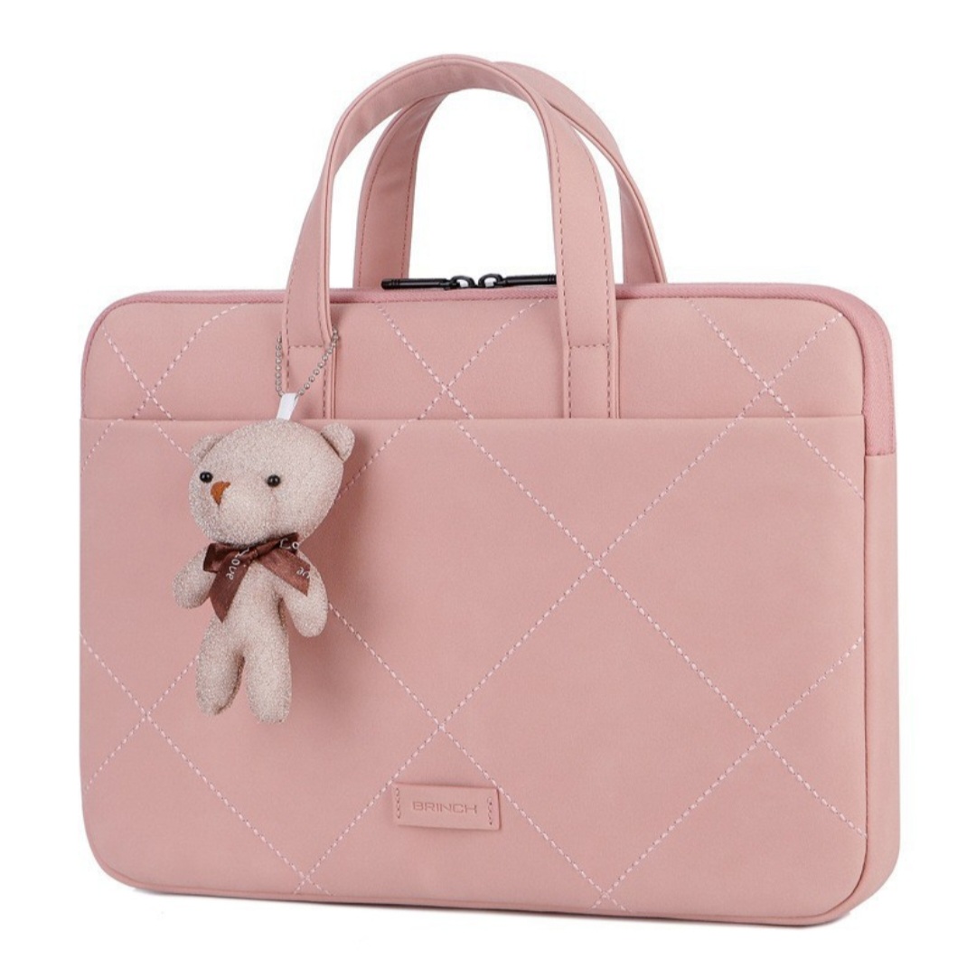 BRINCH Quilted Laptop Sleeve Bag with Teddy Bear Charm (Pink) - Image 6
