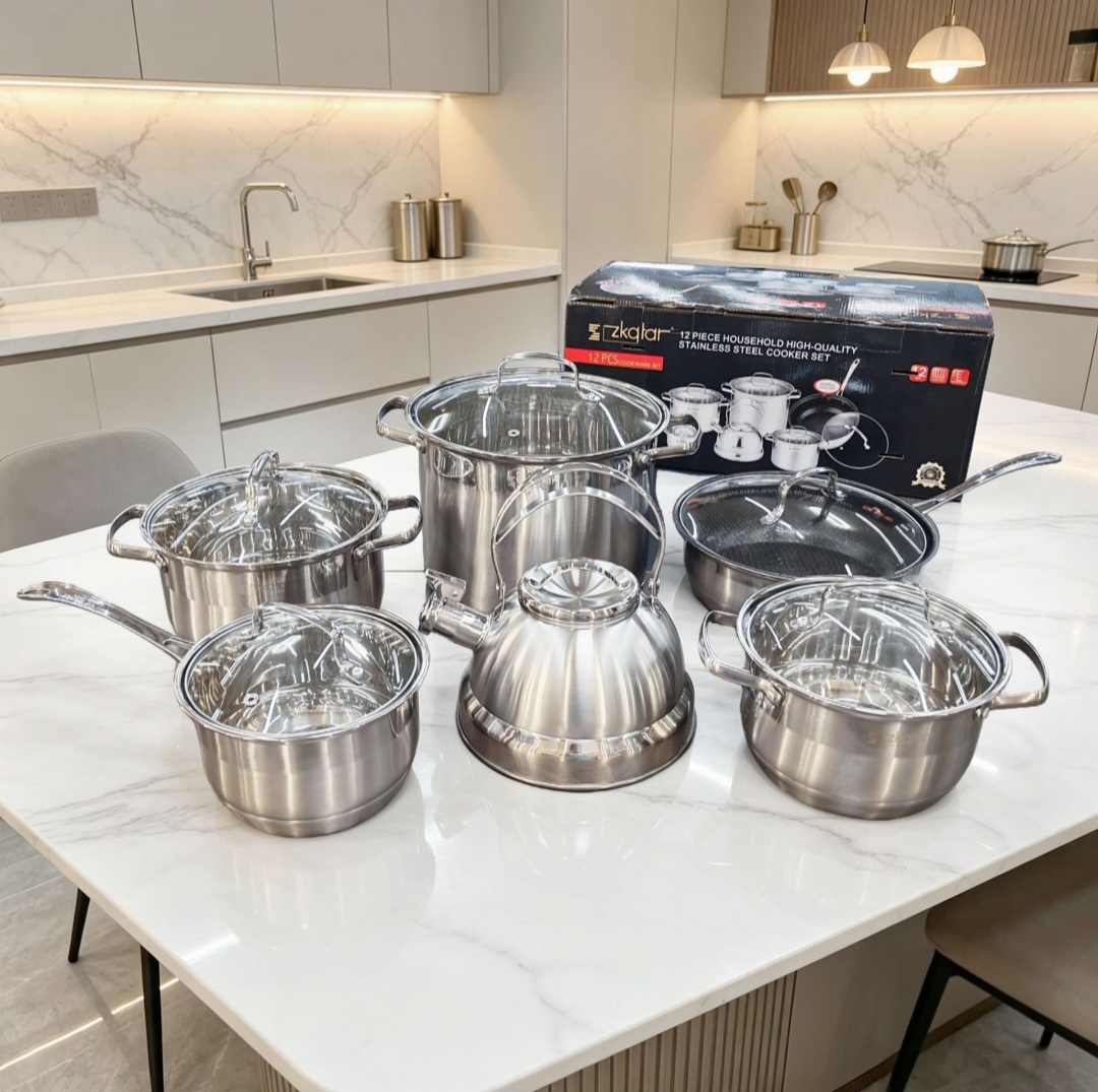 Zaoger 12-Piece Premium Stainless Steel Cookware Set with Glass Lids & Tea Kettle