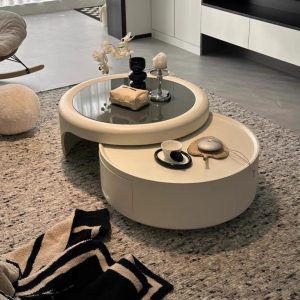 Modern Round Nesting Coffee Table Set with Glass Top – White & Black