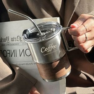 Premium Stainless Steel Insulated Coffee Mug with Lid & Reusable Metal Straw