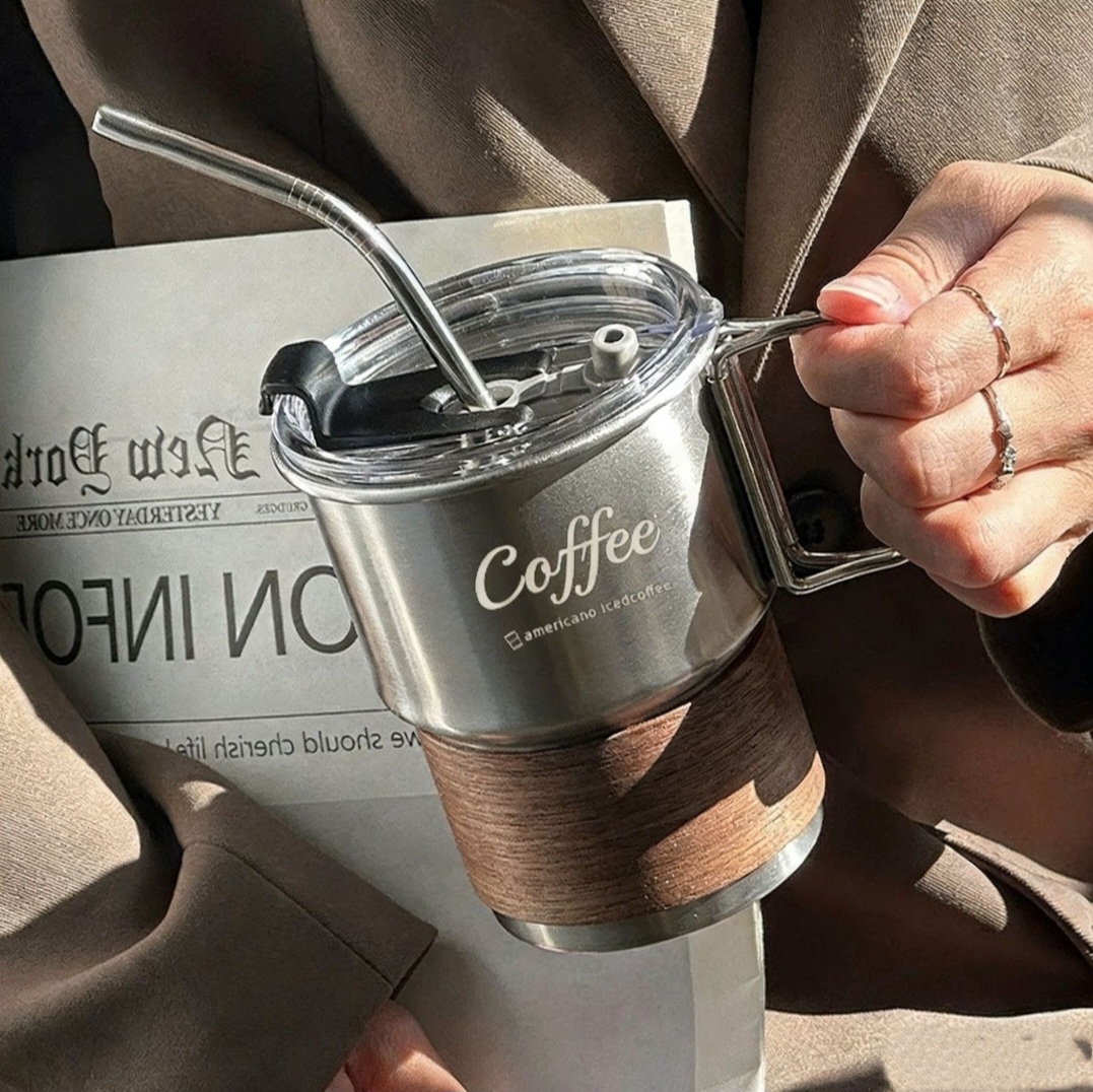 Premium Stainless Steel Insulated Coffee Mug with Lid & Reusable Metal Straw