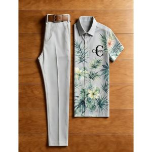 Men's Tropical Floral Short Sleeve Shirt & Cream Chino Trouser Set with Belt