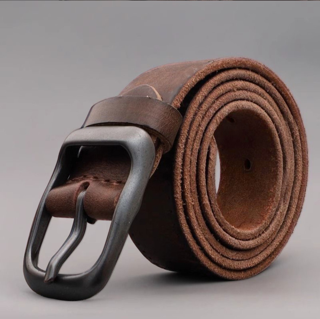 Classic Vintage Brown Genuine Leather Belt with Matte Black Buckle - Image 6