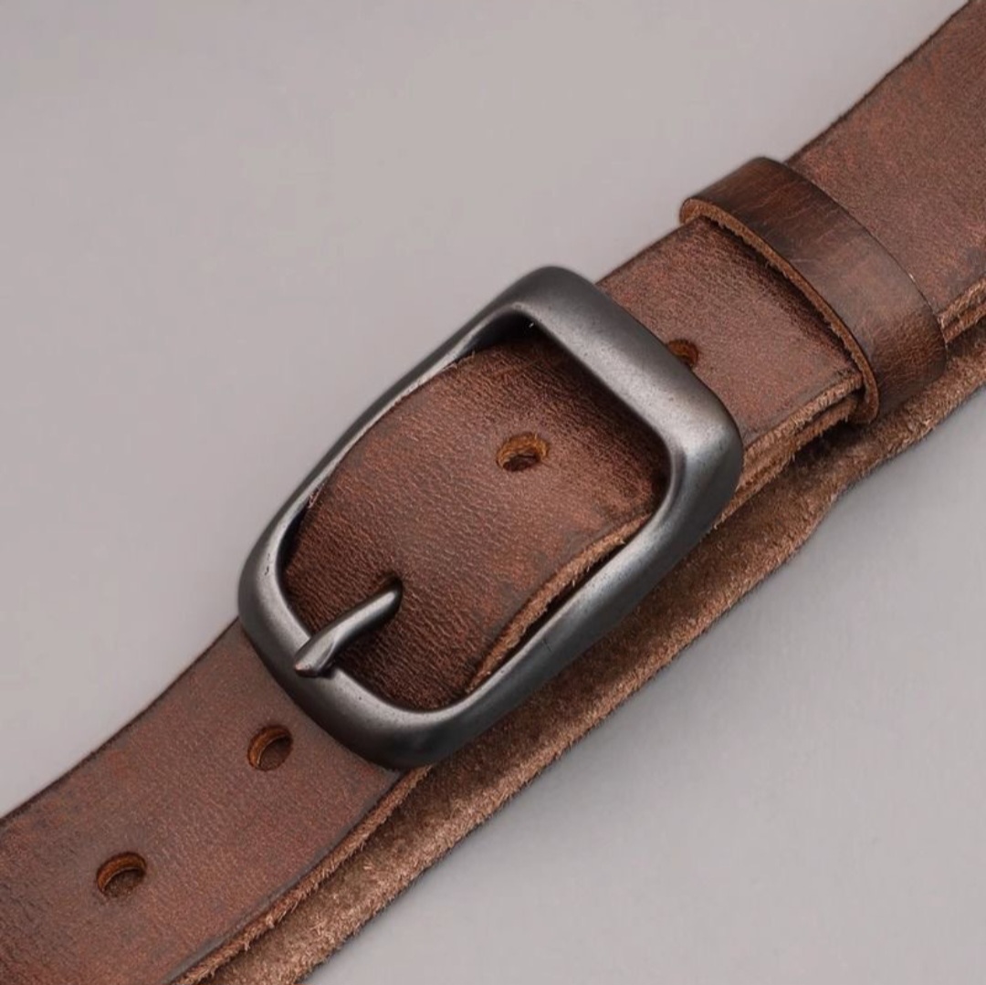 Classic Vintage Brown Genuine Leather Belt with Matte Black Buckle - Image 5