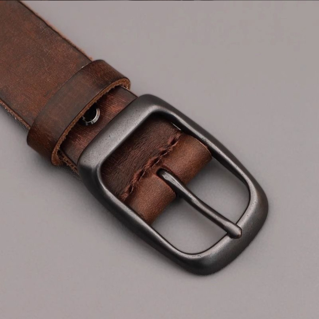 Classic Vintage Brown Genuine Leather Belt with Matte Black Buckle - Image 4