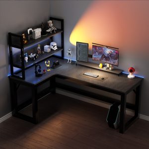 Modern L-Shaped Gaming Computer Desk with Storage Shelves & Pegboard