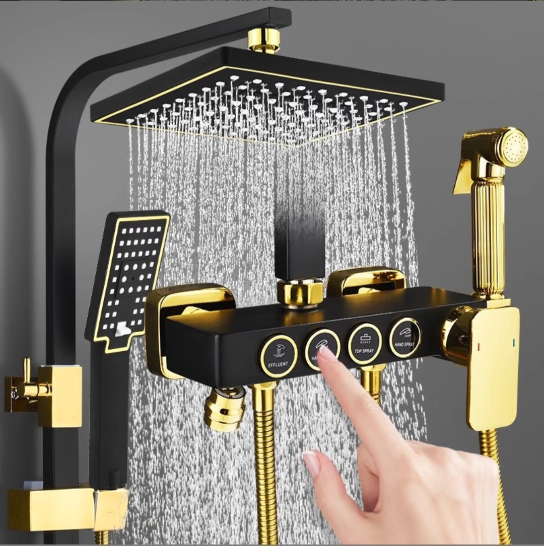 Luxury Matte Black & Gold Rainfall Shower System with Multi-Function Digital Control