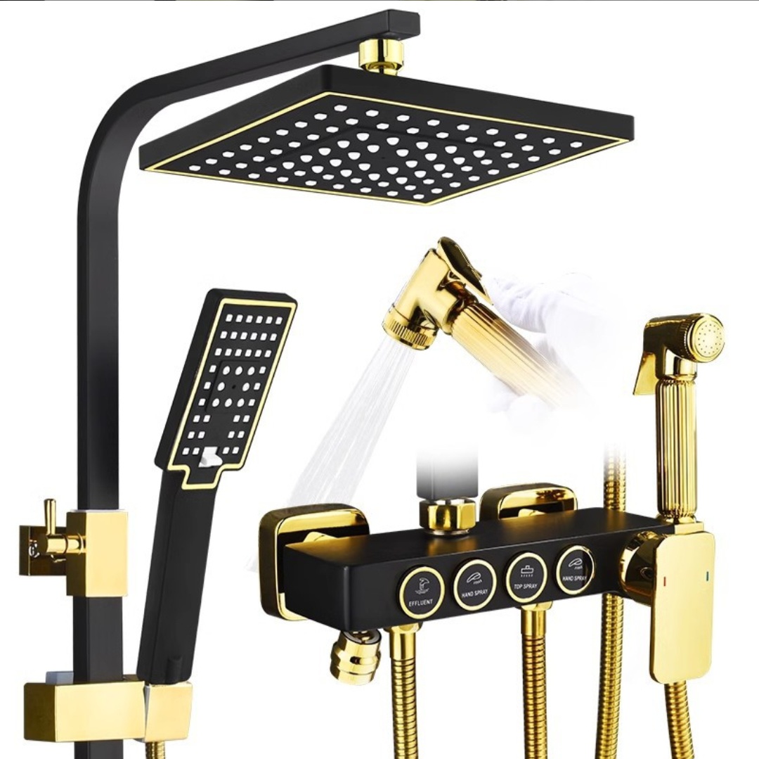 Luxury Matte Black & Gold Rainfall Shower System with Multi-Function Digital Control - Image 3