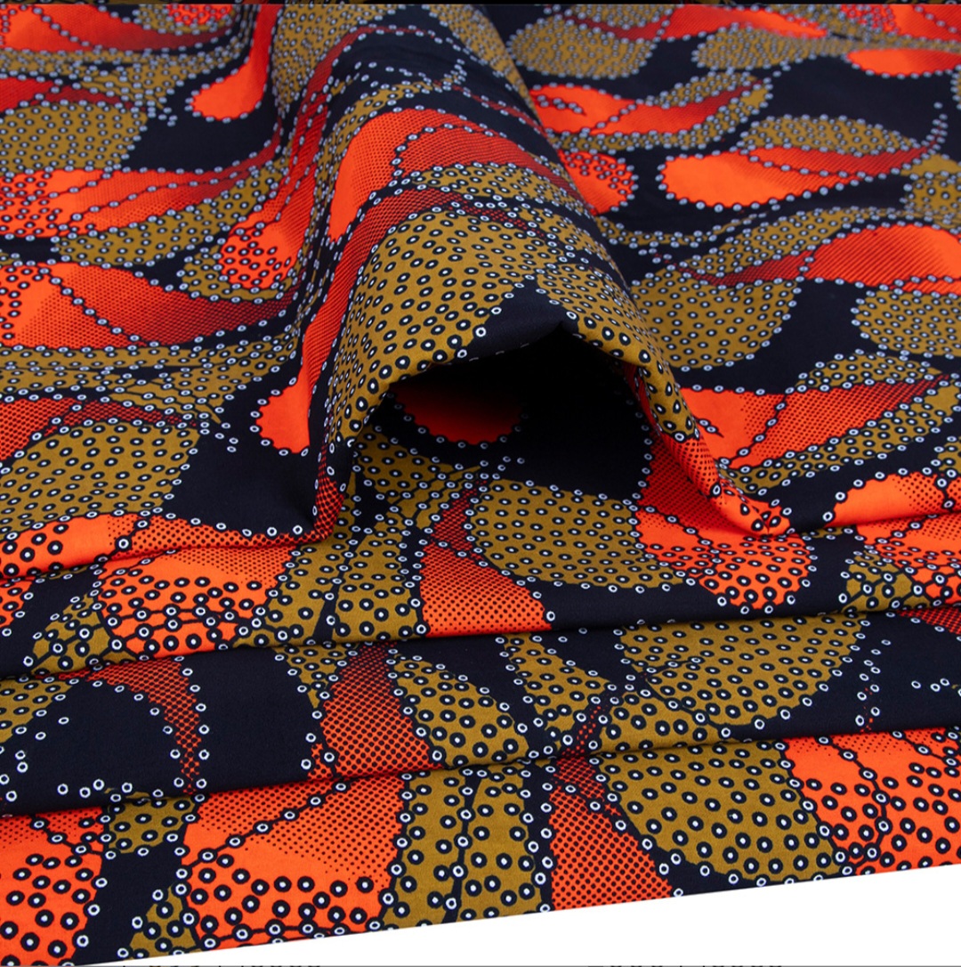 Premium African Ankara Wax Print Fabric – Orange, Black & Gold Abstract Pattern