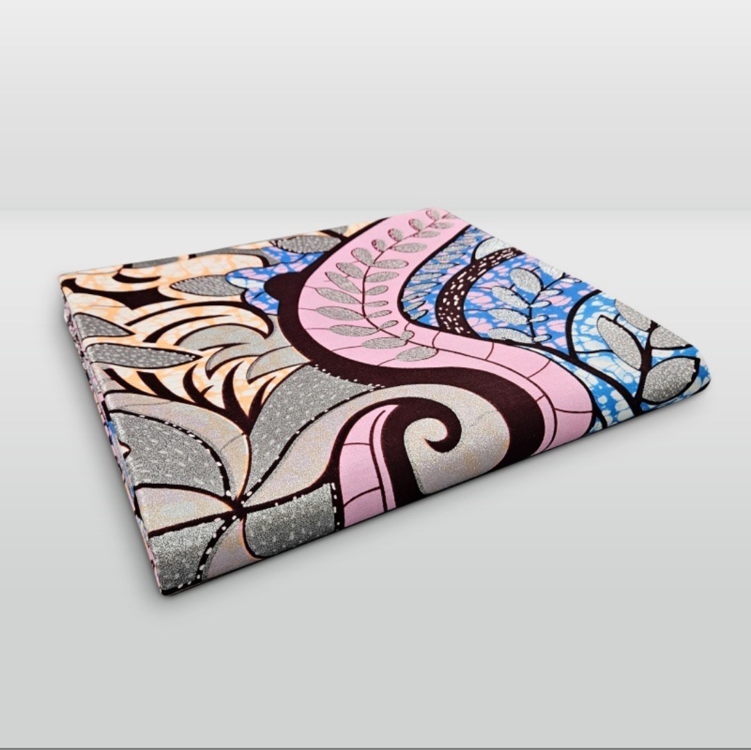 Veritable Grand Super Wax Print Fabric – Pink, Blue & Silver Abstract Leaf Design - Image 3