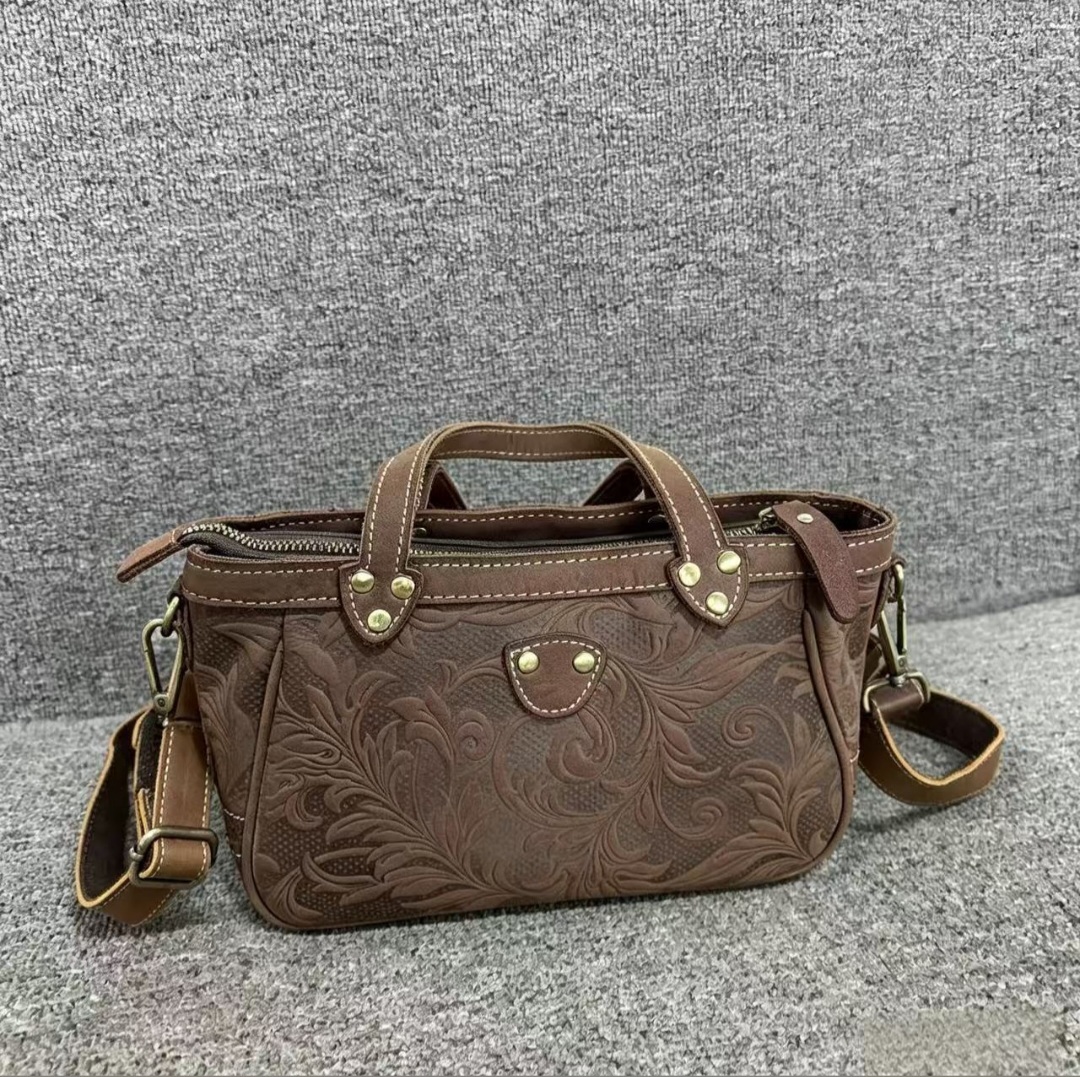 Women’s Embossed Floral Leather Handbag with Shoulder Strap