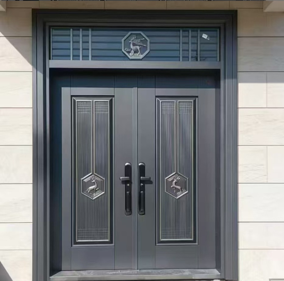 Luxury Double-Leaf Metal Security Entrance Door with Decorative Glass