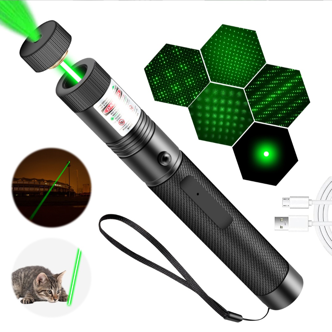 Rechargeable Green Laser Pointer with Pattern Caps & USB Charging